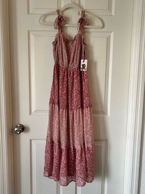Sincerely Jules Pink Floral Tiered Maxi Dress Tie Strap Women's Size XS